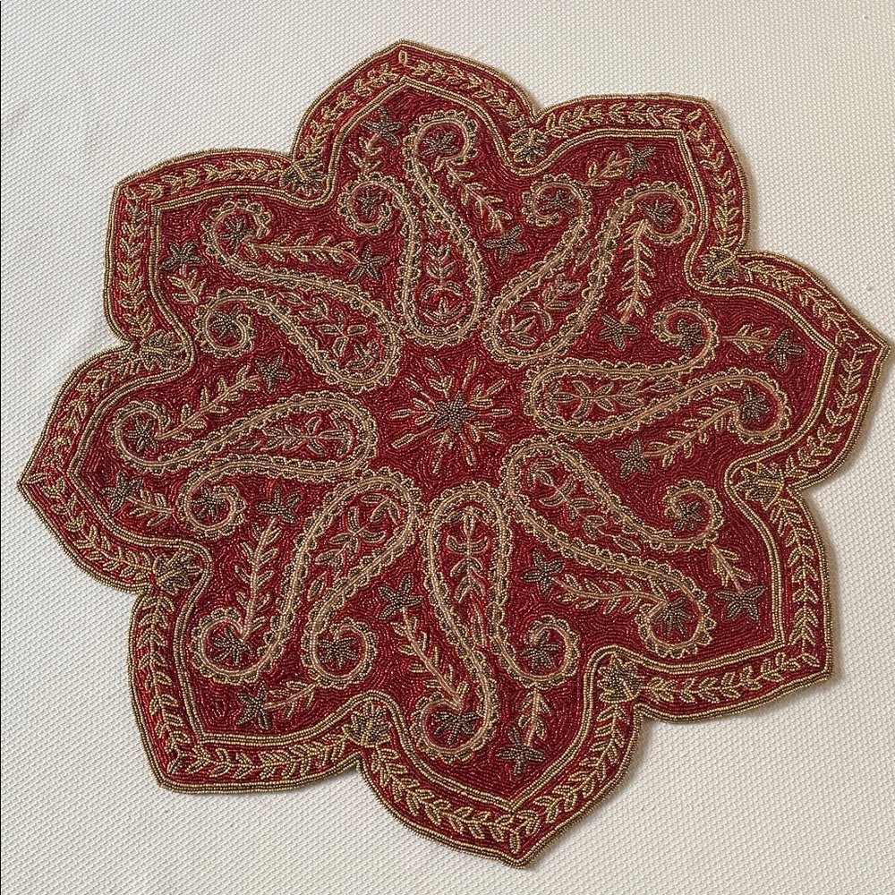 Vintage Red and Gold Glass Beaded Table Topper
